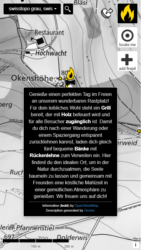 Feuerstellen Detailansicht mit Gemini AI Beschreibung und Ausstattungsmerkmalen
