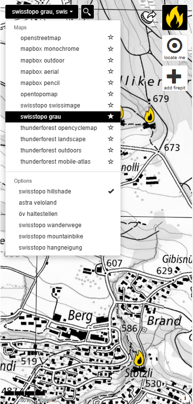 FEUERSTELLEN Web-App Mobile Ansicht mit SwissTopo und ASTRA Veloland